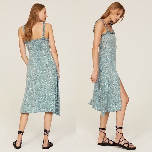 LOUNA 90s Micro Floral Sleeveless Ruffled Square Neck Smocked Back Slip Dress S - Picture 2 of 6